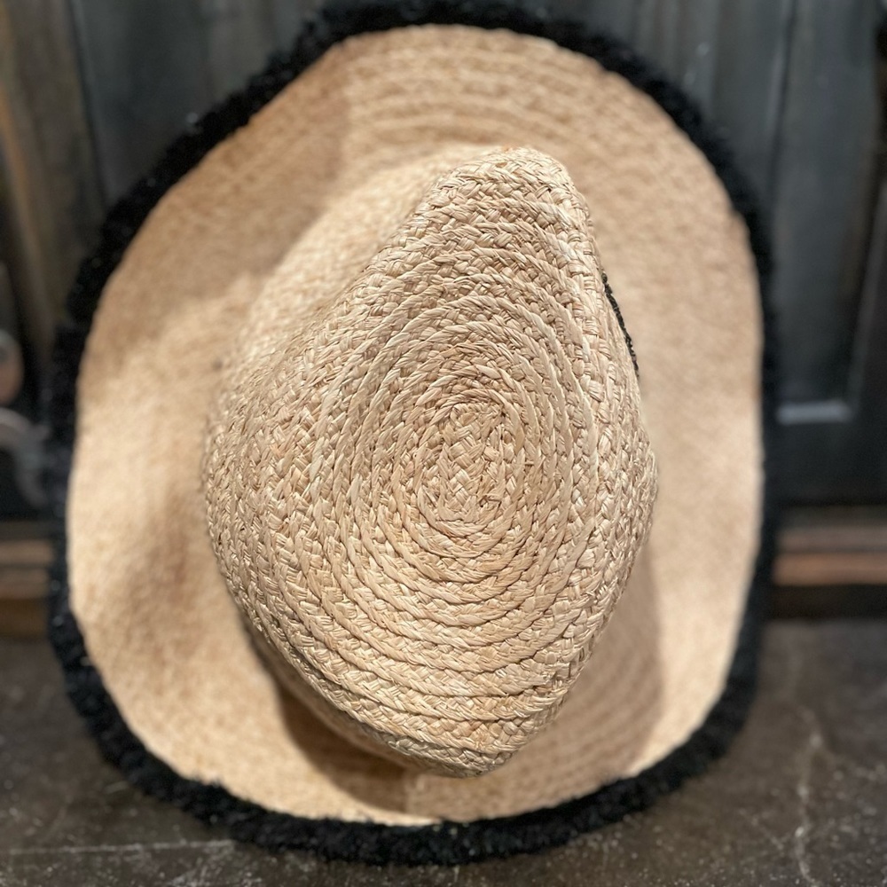 Summer & Rose straw hat‎ with black fringe accents, adjustable size, EUC